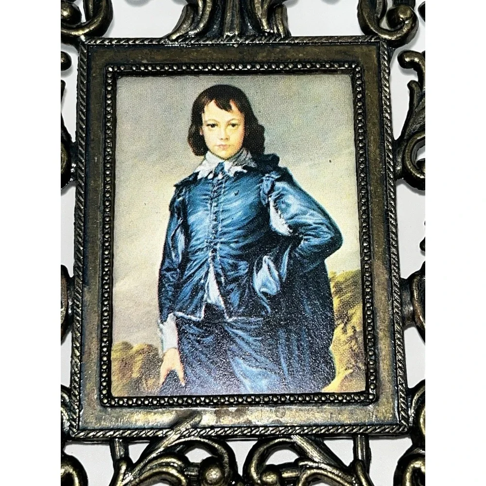 Vintage Italian Miniature Brass Frames Pair The Blue Boy And Floral 4